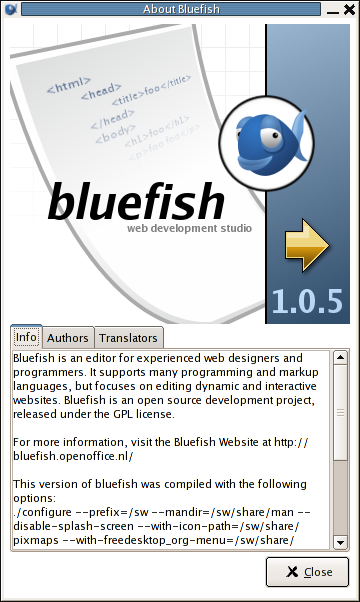 A screen shot of the Bluefish 1.0 about window