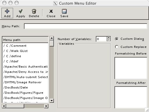 A screen shot of the custom menu editor
