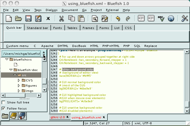 A screen shot of Bluefish with a customized Gtk theme
