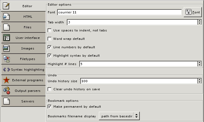 A screen shot of the Editor tab in Preferences