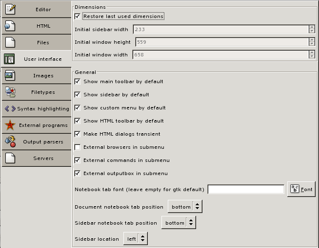 A screen shot of the User Interface preferences panel