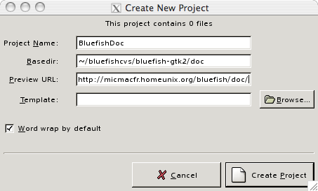 A screen shot of the new project dialog