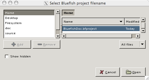 A screen shot of the select Bluefish project filename dialog