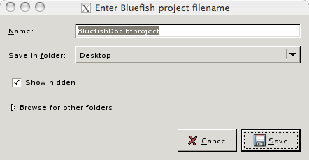 A screen shot of the enter bluefish project dialog