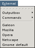 A screen shot of the Bluefish 1.0 external menu