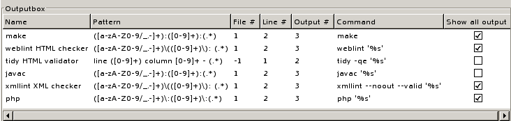 A screen shot of the output parsers tab in preferences panel