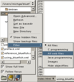 A screen shot showing how to filter files with the Bluefish file browser