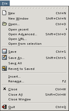 A screen shot of the Bluefish File Menu