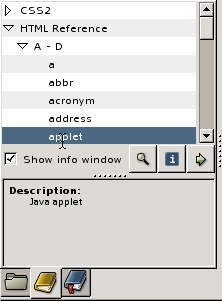 A screen shot of the Bluefish 1.0 function reference browser
