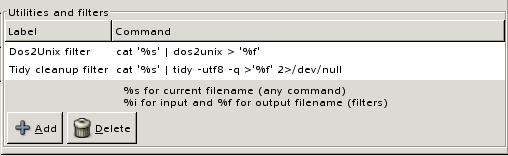 A screen shot of the Bluefish 1.0 Utilities and Filters panel in Preferences