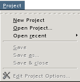 A screen shot of the Bluefish 1.0 project menu
