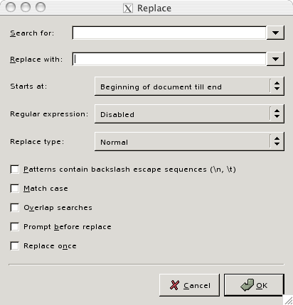 A screen shot showing the replace dialog