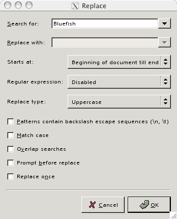 A screen shot showing how to change letter case when replacing
